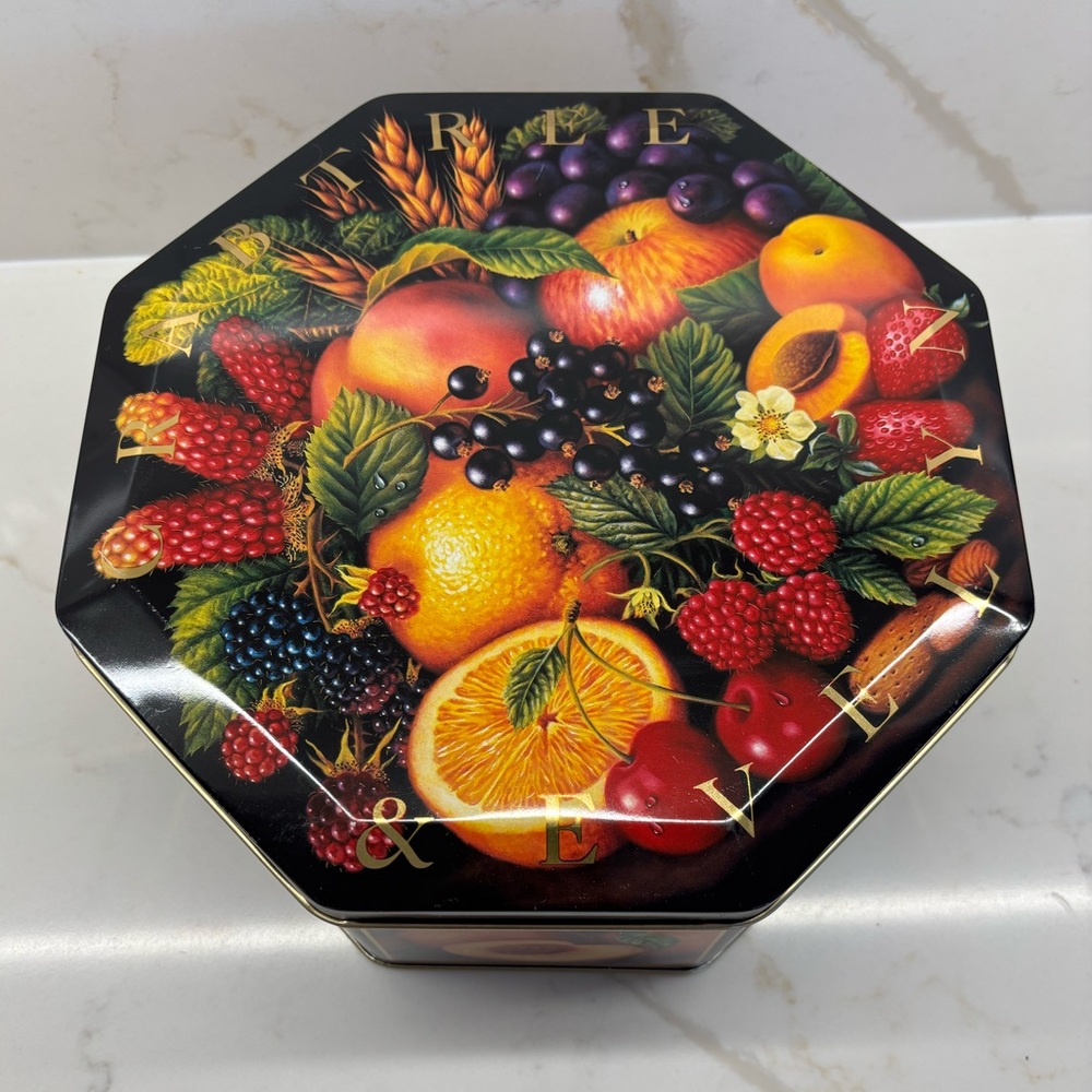 Vintage Crabtree and Evelyn Octagonal Fruit Tin with Vibrant Design 1990s